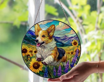 Jesus Christ Hugging Tricolor Pembroke Welsh Corgi Dog Stained
