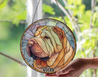 Personalized Shar Pei Dog Stained Glass Window Suncatcher, Custom Pet Memorial Gift, Unique Dog Glass Art Window Hanging Keepsake Gift