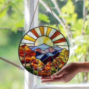 Smoky Mountains Range Stained Glass Window Suncatcher – Scenic Mountain Glass Art | Handmade Nature Decor | Unique Suncatcher Gift Set