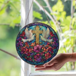 Christian Cross and Doves Stained Glass Window Suncatcher – Peaceful Faith Decor Panel | Inspirational Gift for Religious Homes Gift Idea