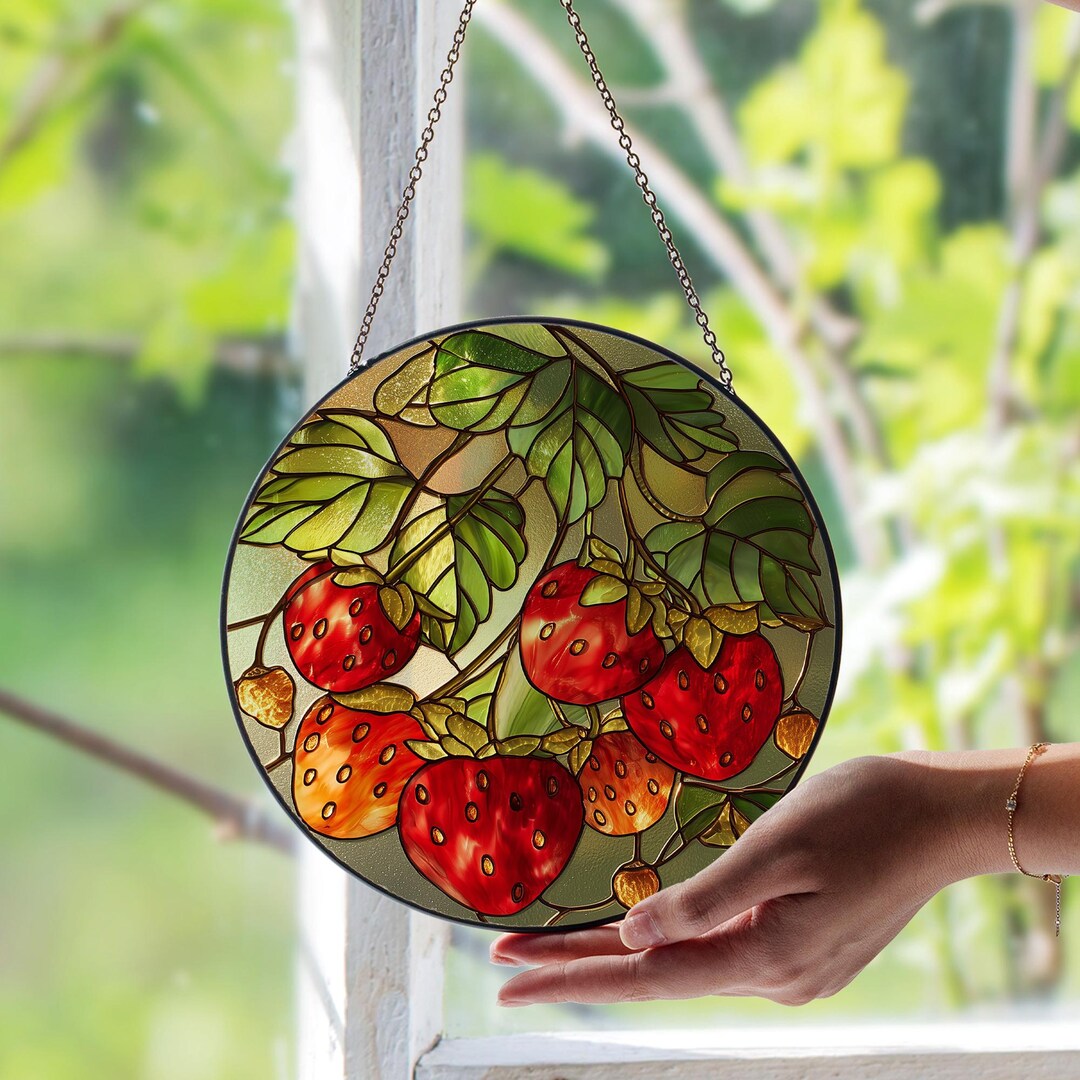 Window Sundries Strawberry Stained Glass Window Suncatcher, Fruit Kitchen Decor, Summer ...