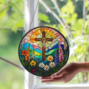 Cross And Wildflowers Stained Glass Suncatcher | Christian Window Hanging Decor | Floral Religious Ornament | Faith Gift | Sun Catcher Art