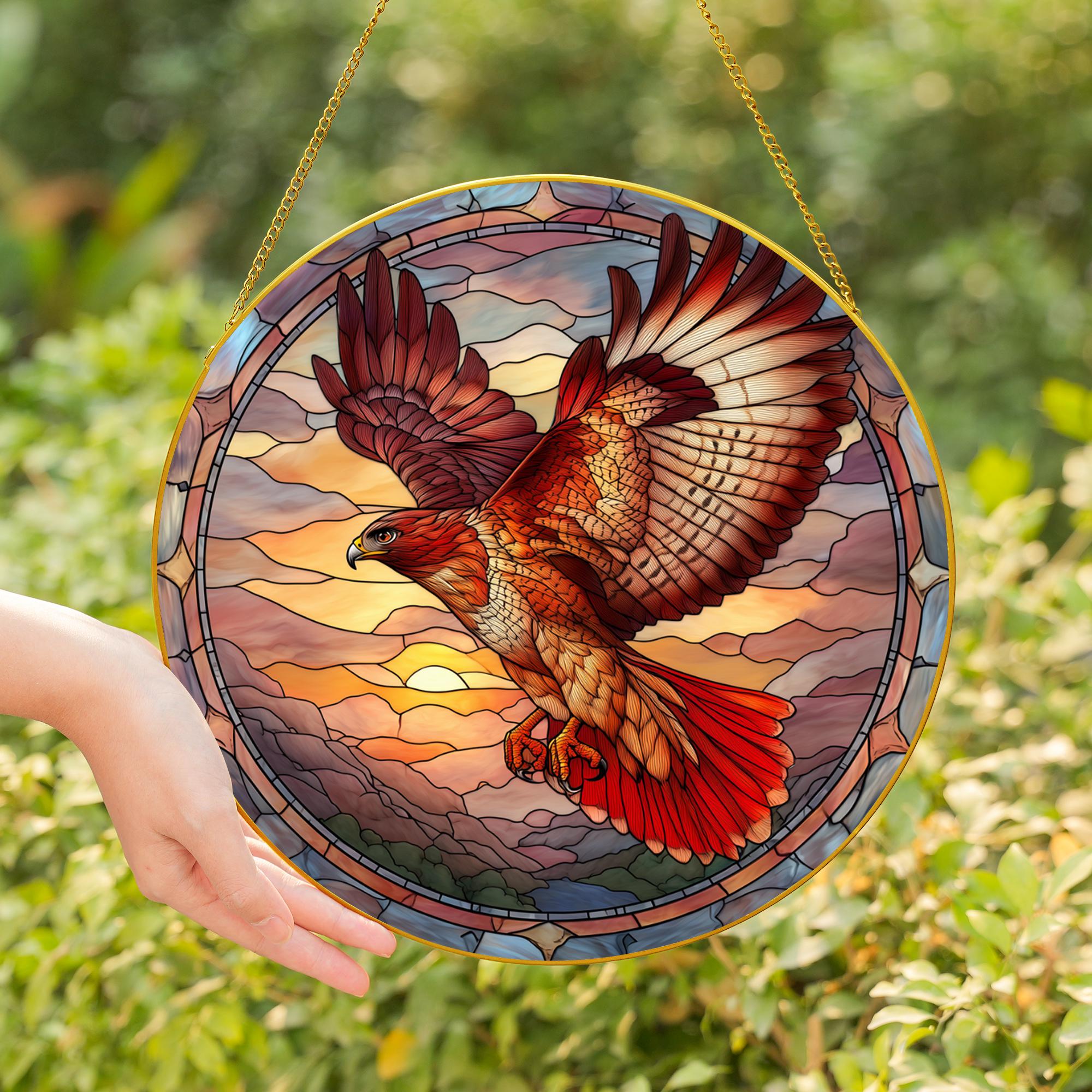 Window Hawk Red Tailed Hawk Stained Glass Window Suncatcher, Bird of Prey Hanging ...