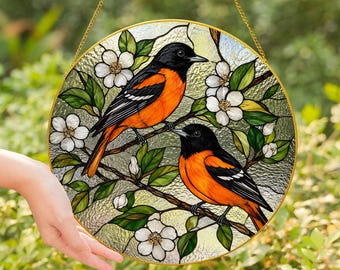 Acchiappasole in vetro colorato dei Baltimore Orioles, decorazione da appendere con uccelli e animali selvatici, regalo per amanti della natura, ornamento per giardino e casa - Cornice dorata