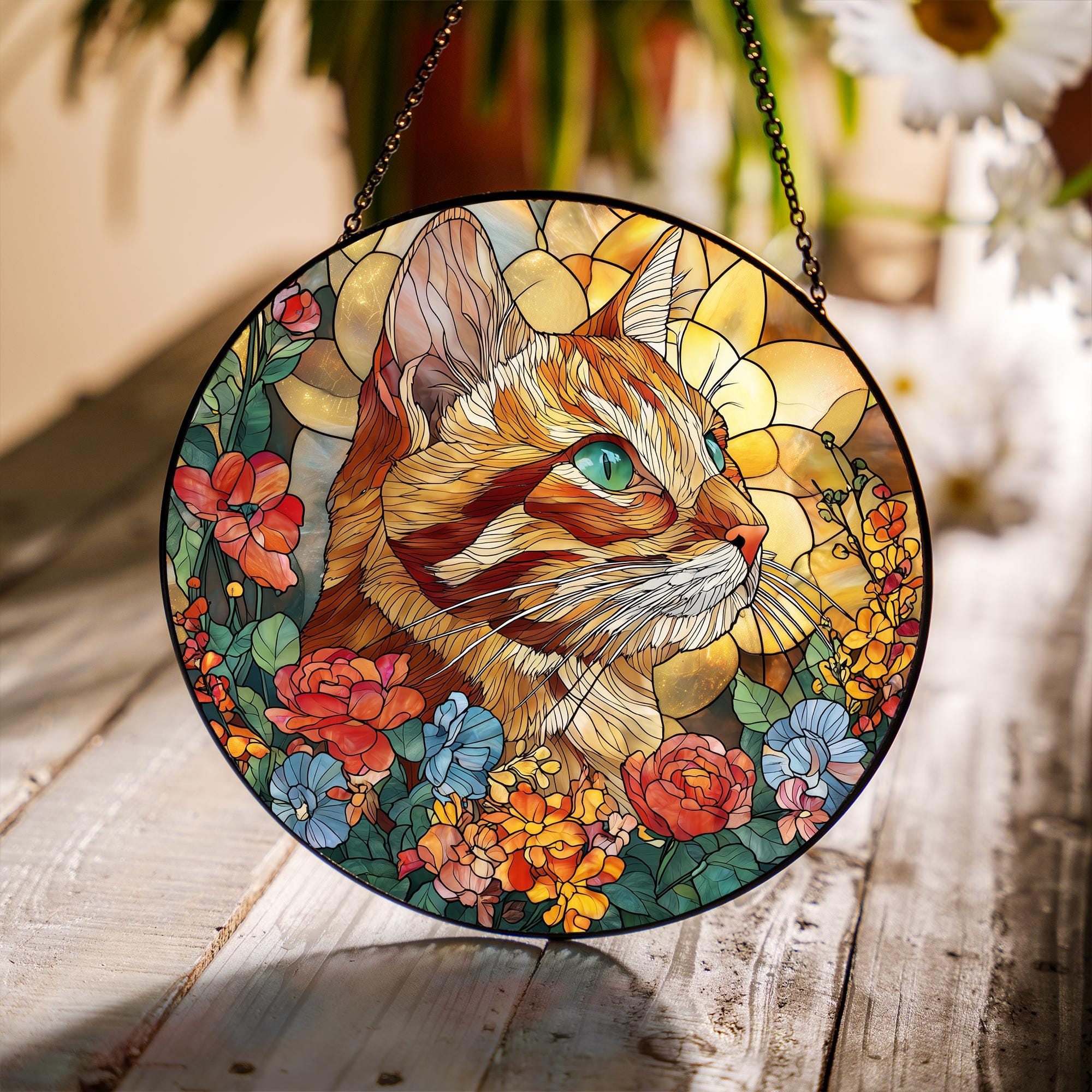 鮮やかな花柄の猫ステンドグラスサンキャッチャー - 気まぐれな猫の窓