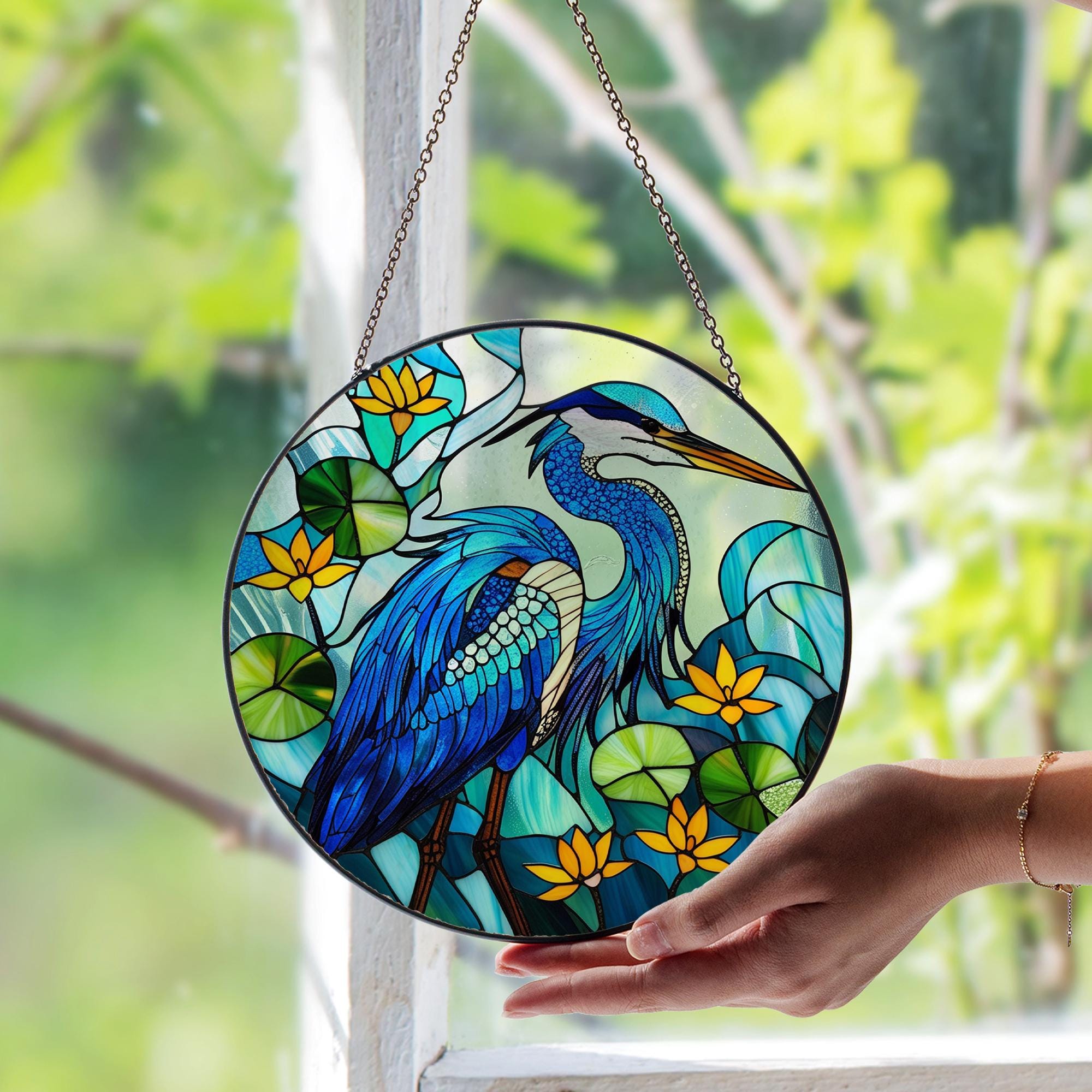 Blue Heron Stained Glass Suncatcher – Elegant Bird Window Art