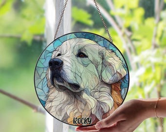 Personalized Great Pyrenees Dog Stained Glass Window Suncatcher, Custom Pet Memorial Gift, Unique Dog Glass Art Window Hanging Keepsake Gift