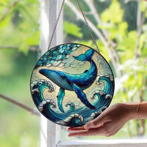 Blue Whale Stained Glass Suncatcher – Ocean Giant Glass Art | Handmade Marine Life Decor | Unique Whale Window Hanging Gift Set