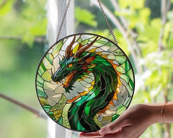 Green Dragon Stained Glass Suncatcher – Fantasy Creature Glass Art | Handmade Mythical Decor | Unique Dragon Window Gift Set