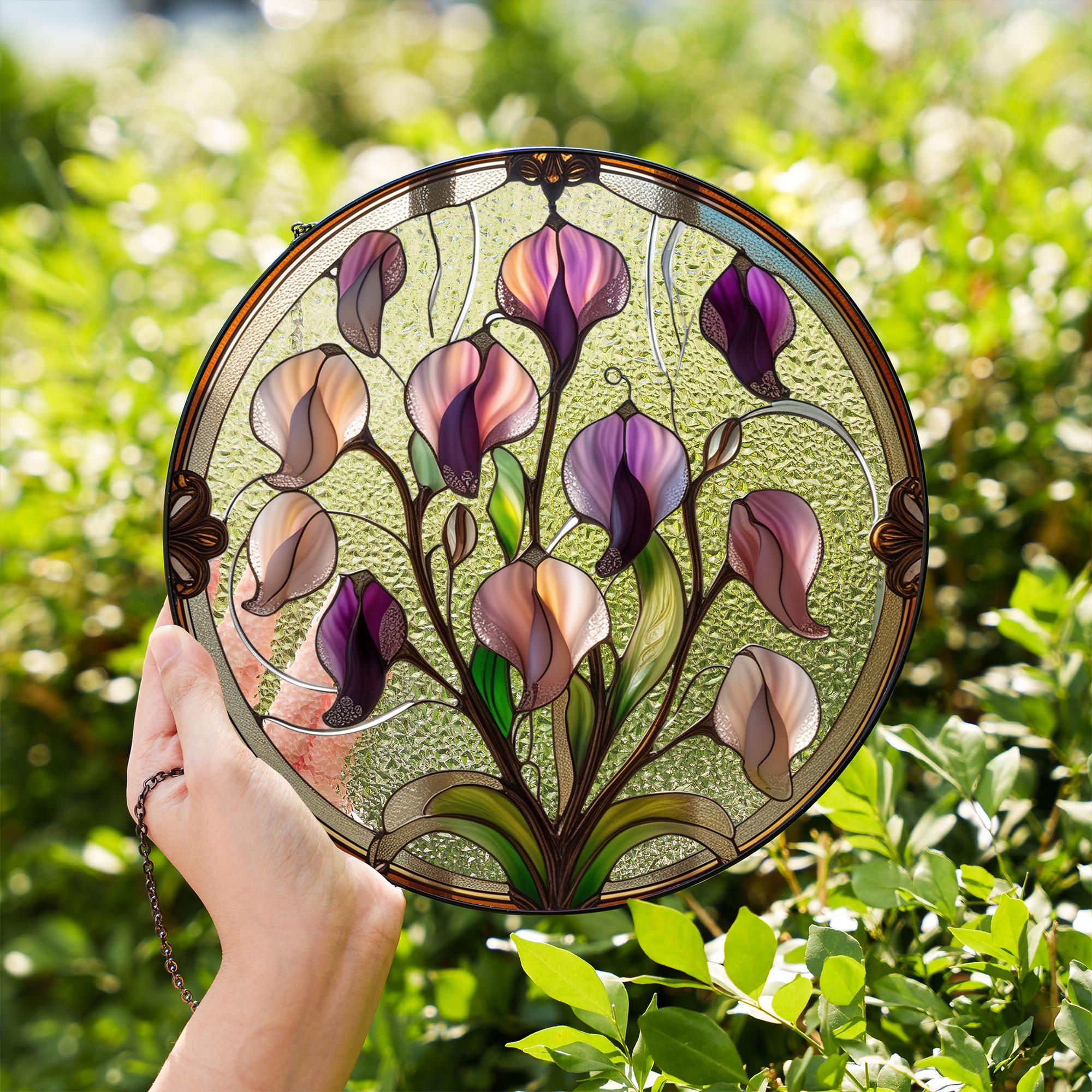 スイートピーのステンドグラスサンキャッチャー – 繊細な花柄のガラス