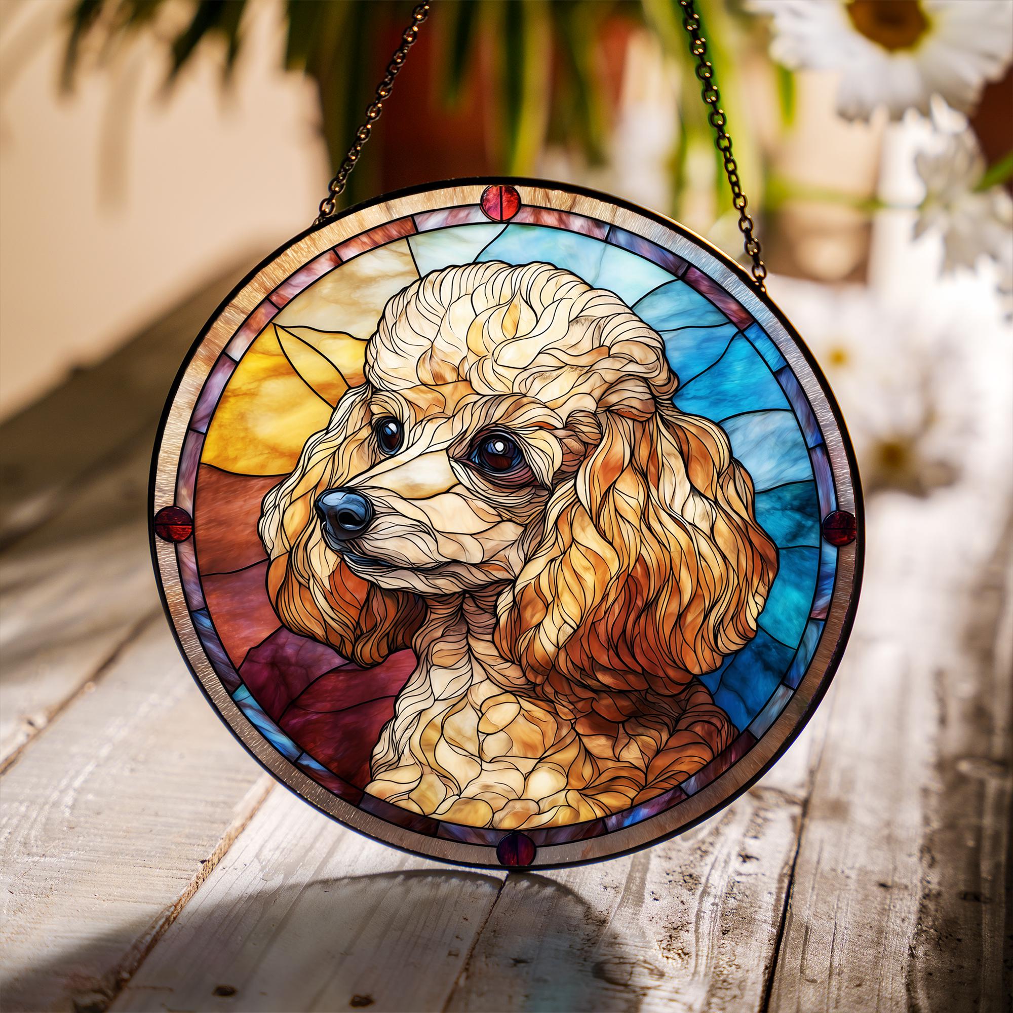 トイプードルのステンドグラス風サンキャッチャー – 愛らしい犬の