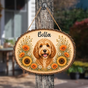 Placa de madeira personalizada com nome de Cockapoo, decoração para homenagear o falecimento do seu cão, arte de parede para lembrança do animal de estimação, placa comemorativa da Ponte do Arco-Íris.