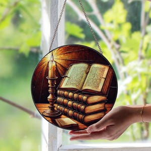 Books & Candlelight Bookshelf Stained Glass Suncatcher – Cozy Reader Window Decor | Literary Gift | Warm Library Ambience Glass Art
