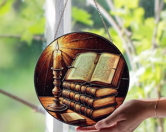 Books & Candlelight Bookshelf Stained Glass Suncatcher – Cozy Reader Window Decor | Literary Gift | Warm Library Ambience Glass Art