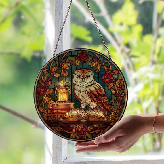 Real Stained Glass Owl Suncatcher – Handmade Hanging Wall Ornament, Christmas Gift