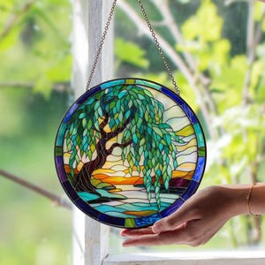 Weeping Willow Stained Glass Suncatcher – Elegant Tree Glass Art Decor | Handmade Nature Window Hanging | Unique Suncatcher Set Gift