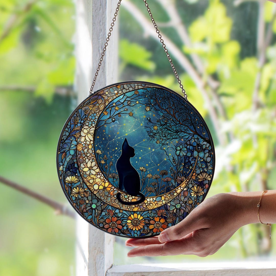 Celestial Black Cat on Moon Stained Glass Window Suncatcher – Custom ...