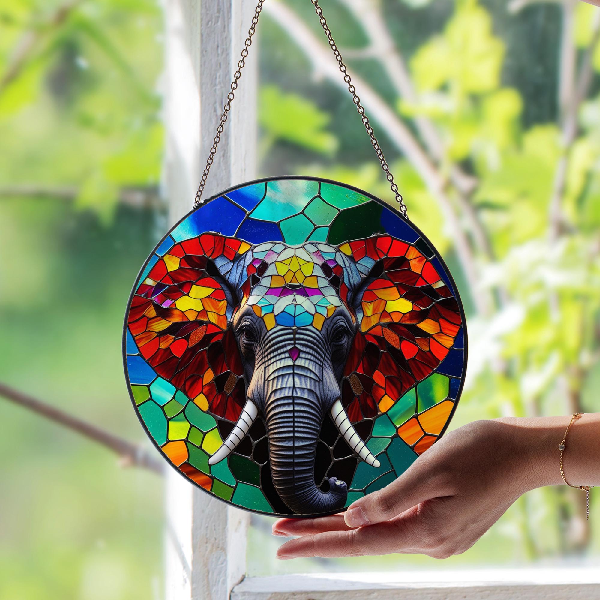 【elephant.m】ガラスナギット Elephant Stained Glass Suncatcher – Majestic Wildlife Window Art