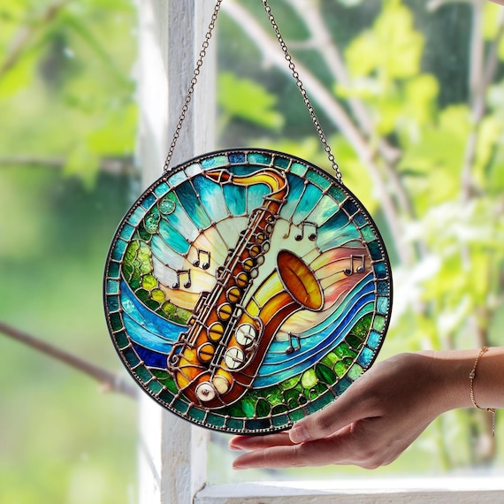 Saxophone Stained Glass Window Suncatcher – Jazz Music Instrument