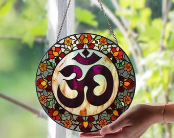 Om Stained Glass Window Suncatcher – Sacred Symbol Spiritual Decor | Yoga Meditation Panel | Peaceful Gift for Mindfulness & Zen Lovers