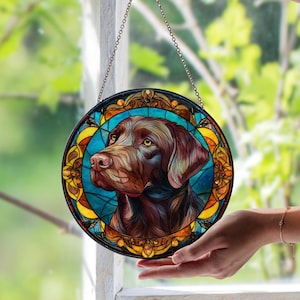 Chocolate Labrador Stained Glass Window Suncatcher | Dog Lover Gift | Pet Memorial Panel | Brown Lab Glass Art for Rustic Home Decor Gift
