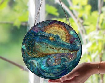 Alligator glas-in-lood suncatcher – gedurfd reptielenkunstpaneel | Uniek natuurdecor | Leuk cadeau voor alligatorfans en natuurliefhebbers
