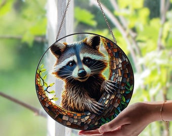 Raccoon Stained Glass Suncatcher – Playful Forest Critter Window Art | Rustic Woodland Decor | Unique Gift for Animal & Nature Lovers