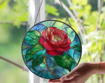 椿の花のステンドグラス窓用サンキャッチャー | エレガントな花柄
