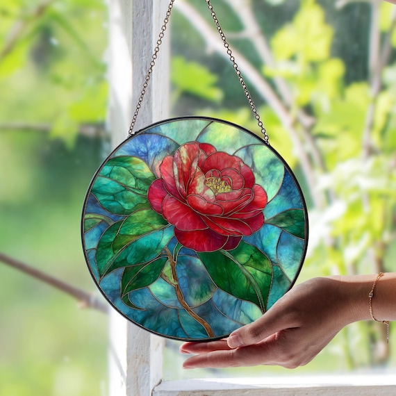 椿の花のステンドグラス窓用サンキャッチャー｜エレガントな花柄ガラス