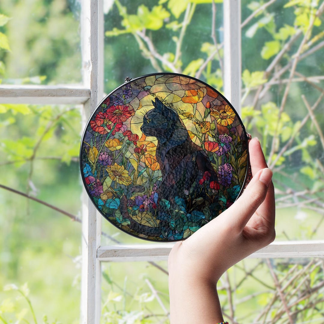 Black Cat Stained Glass Window Suncatcher – Mystical Feline Glass Sun ...