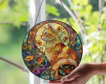 Orange Cat Stained Glass Window Suncatcher – Colorful Feline Glass Sun Catcher, Unique Cat Lover Window Art for Home, Pet Memorial, or Gift