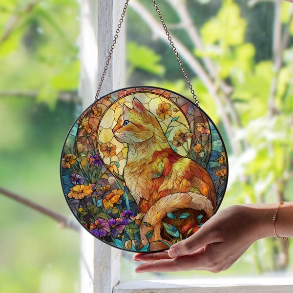 Orange Cat Stained Glass Window Suncatcher – Colorful Feline Glass Sun Catcher, Unique Cat Lover Window Art for Home, Pet Memorial, or Gift