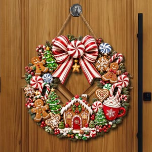 May include: A Christmas wreath featuring a large red and white striped bow, gingerbread figures, miniature pine trees, candy canes, peppermint swirls, snowflake cookies, and a central gingerbread house with a red mug of cocoa on a wooden door.