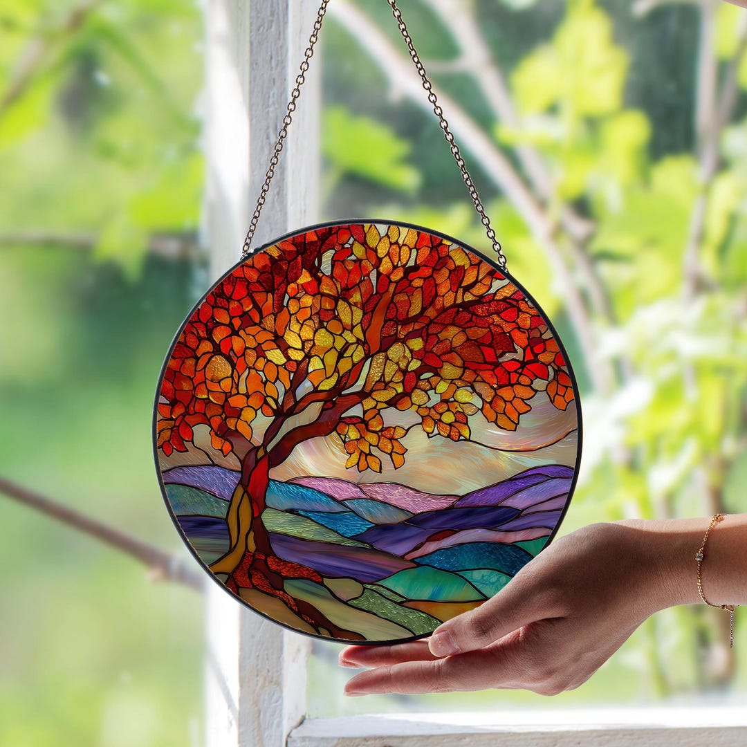 ステンドグラスパネル秋の葉っぱ達10 鮮やかな秋の木のステンドグラス