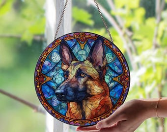 Atrapasol de vitral con diseño de perro malinois / Regalo para amantes de la raza canina / Arte conmemorativo único de vidrio para mascotas / Idea de regalo de decoración rústica acogedora para el hogar