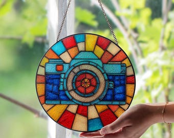 Photography Camera Stained Glass Window Suncatcher, Camera Lover Decor, Photographer Gift, Artistic Glass Camera Ornament,Studio Home Accent
