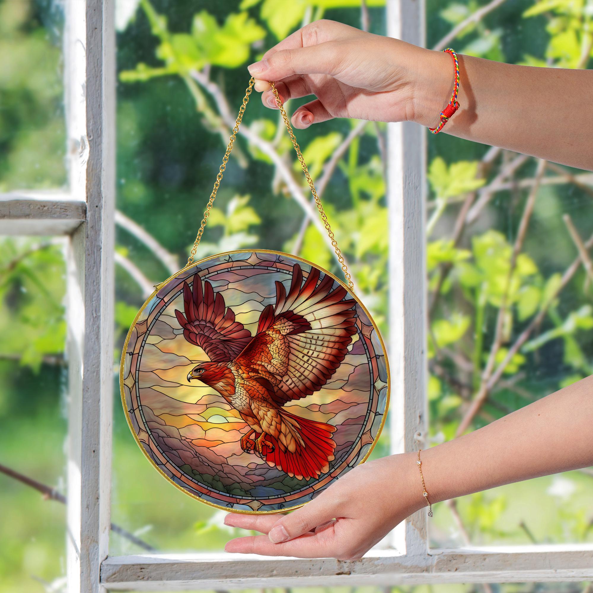 Window Hawk Red Tailed Hawk Stained Glass Window Suncatcher, Bird of Prey Hanging ...