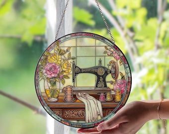 Atrapasol de vitral con forma de máquina de coser, idea de regalo para costureras, arte en vidrio hecho a mano, decoración para taller de manualidades, adorno único para ventana de sastre
