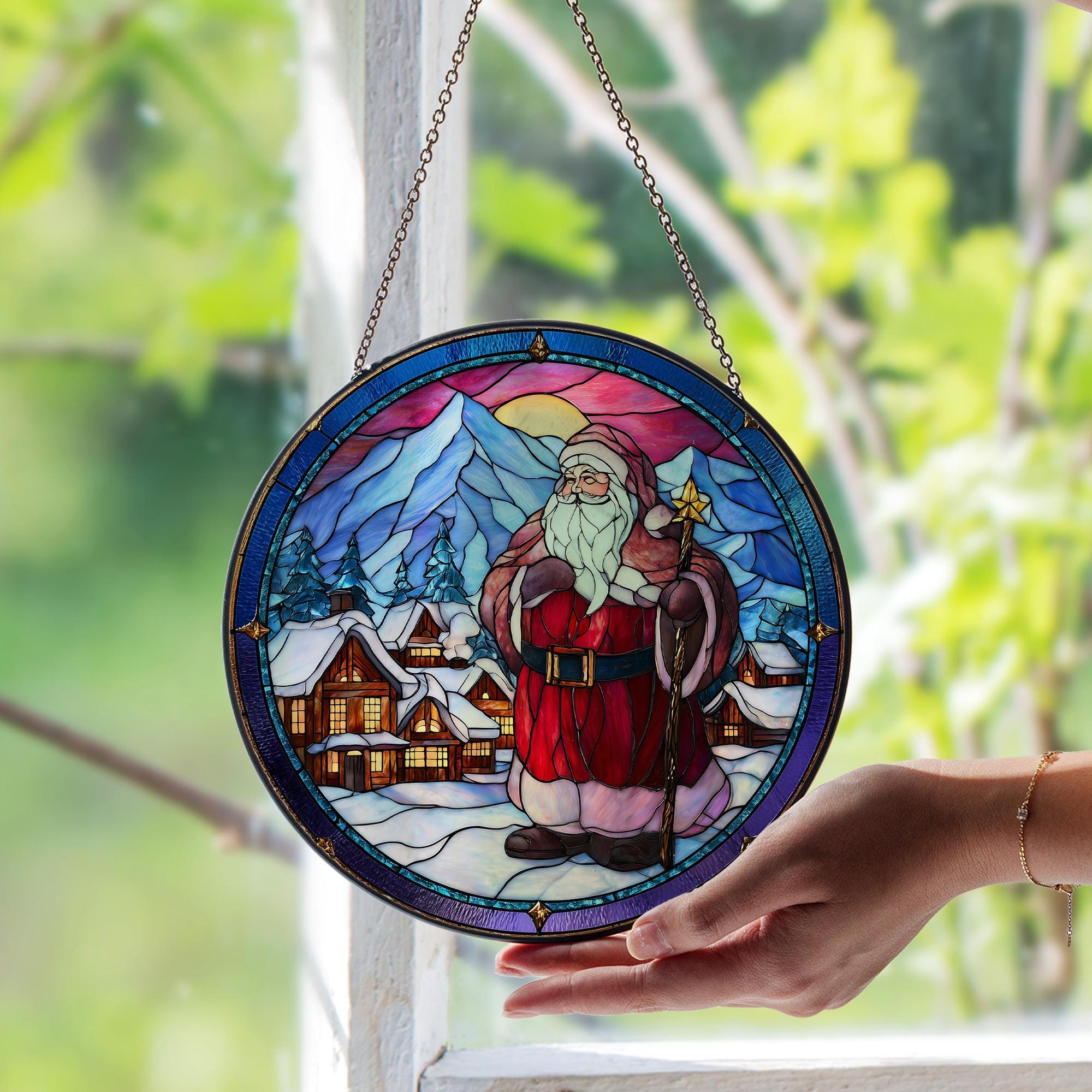 ステンドグラス　夜の街並みとサンタのおっとと…。 Amazon.co.jp: Zqkimzi クリスマス ウィンドウ サン