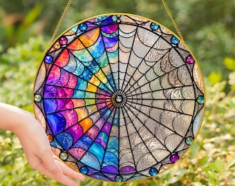 Attrape-soleil pour vitrail d'Halloween en toile d'araignée, décoration gothique fantasmagorique à suspendre, pièce d'art ornement maison horreur - cadre doré