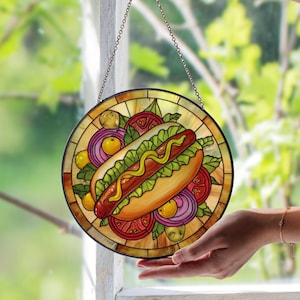 Hot Dog Stained Glass Window Suncatcher – Fun Food Art Panel | Quirky Kitchen Decor | Unique Gift for Food Lovers and Hot Dog Fans Gift Idea