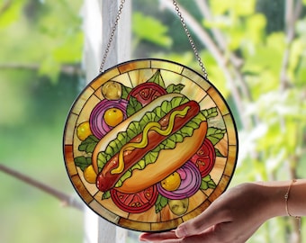ステンドグラスのバーガーサンキャッチャー：手作りのグルメダイナーの