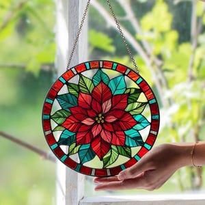 Weihnachtsstern Weihnachten rote Blume Glasmalerei Suncatcher - Urlaub Blumenglaskunst | Handgemachte festliche Fenster Deko Geschenk Set