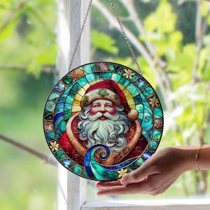 Santa Claus Stained Glass Window Suncatcher – Festive Christmas Art Panel | Holiday Window Decor | Unique Gift for Santa & Holiday Lovers