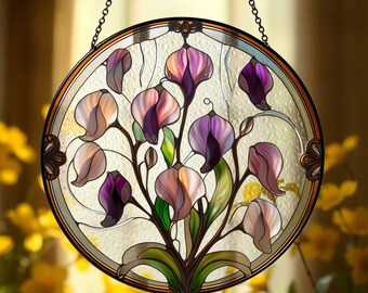 スイートピーのステンドグラスサンキャッチャー – 繊細な花柄のガラス
