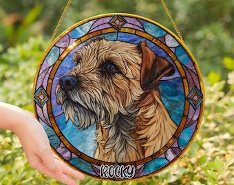 Personalized Border Terrier Dog Stained Glass Window Suncatcher, Pet Gotcha Day, Memorial Art, Golden Frame Window Hanging Decor Gift