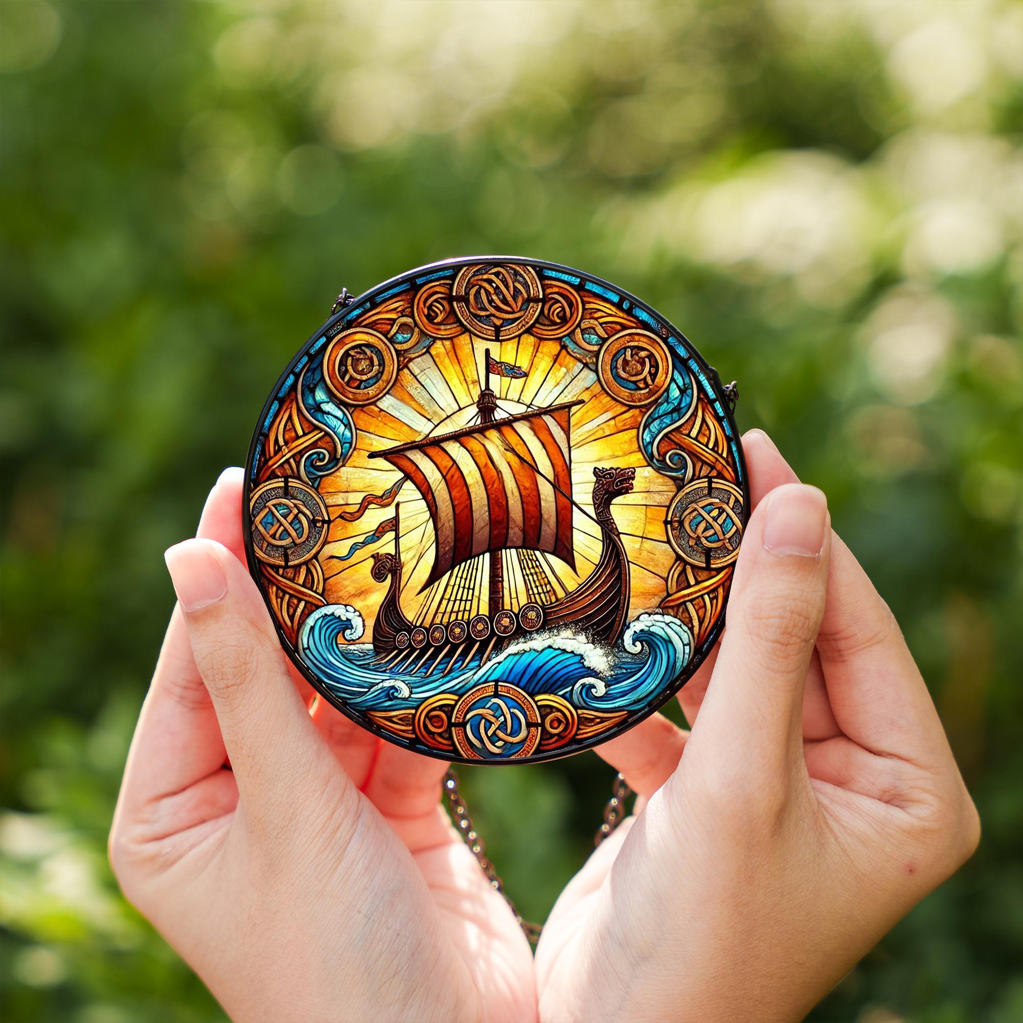 Viking Longboat Stained Glass Window Suncatcher – Norse Ship Art
