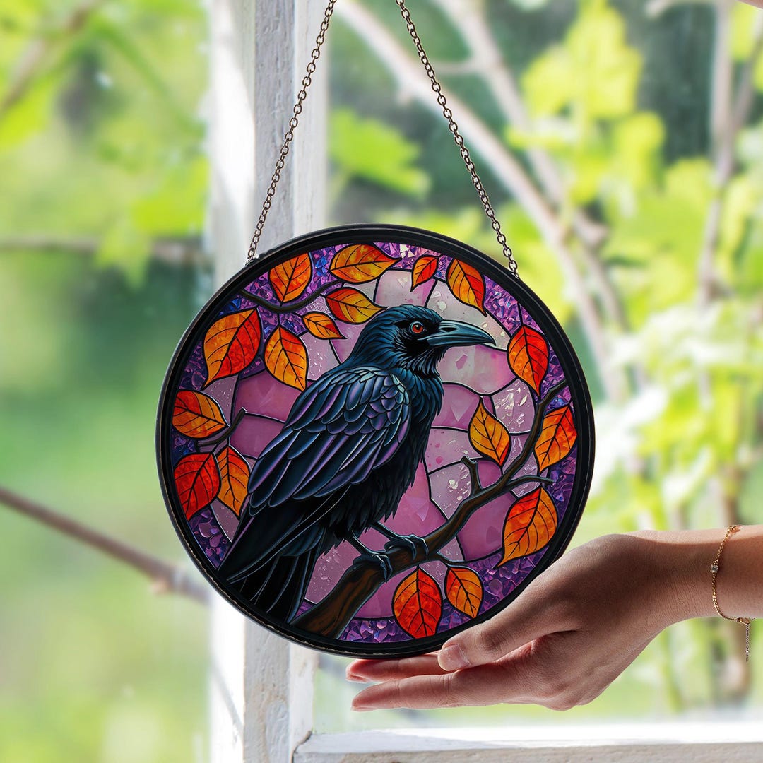 Raven Window Frame Black Raven Stained Glass Suncatcher | Gothic Raven Window Hanging ...