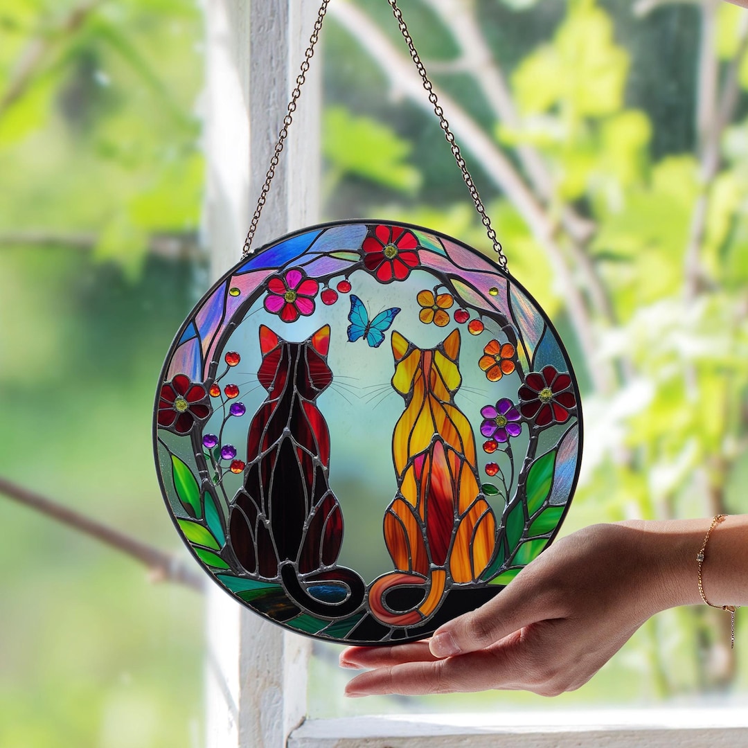 Cat Stained Glass Suncatcher – Whimsical Feline Glass Art Decor ...