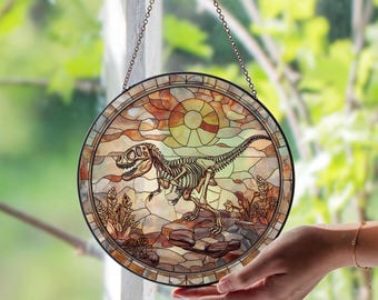 Dinosaur Skeleton Stained Glass Window Suncatcher – Prehistoric Fossil Art Panel | Unique Gift for Dino Lovers & Science Enthusiasts